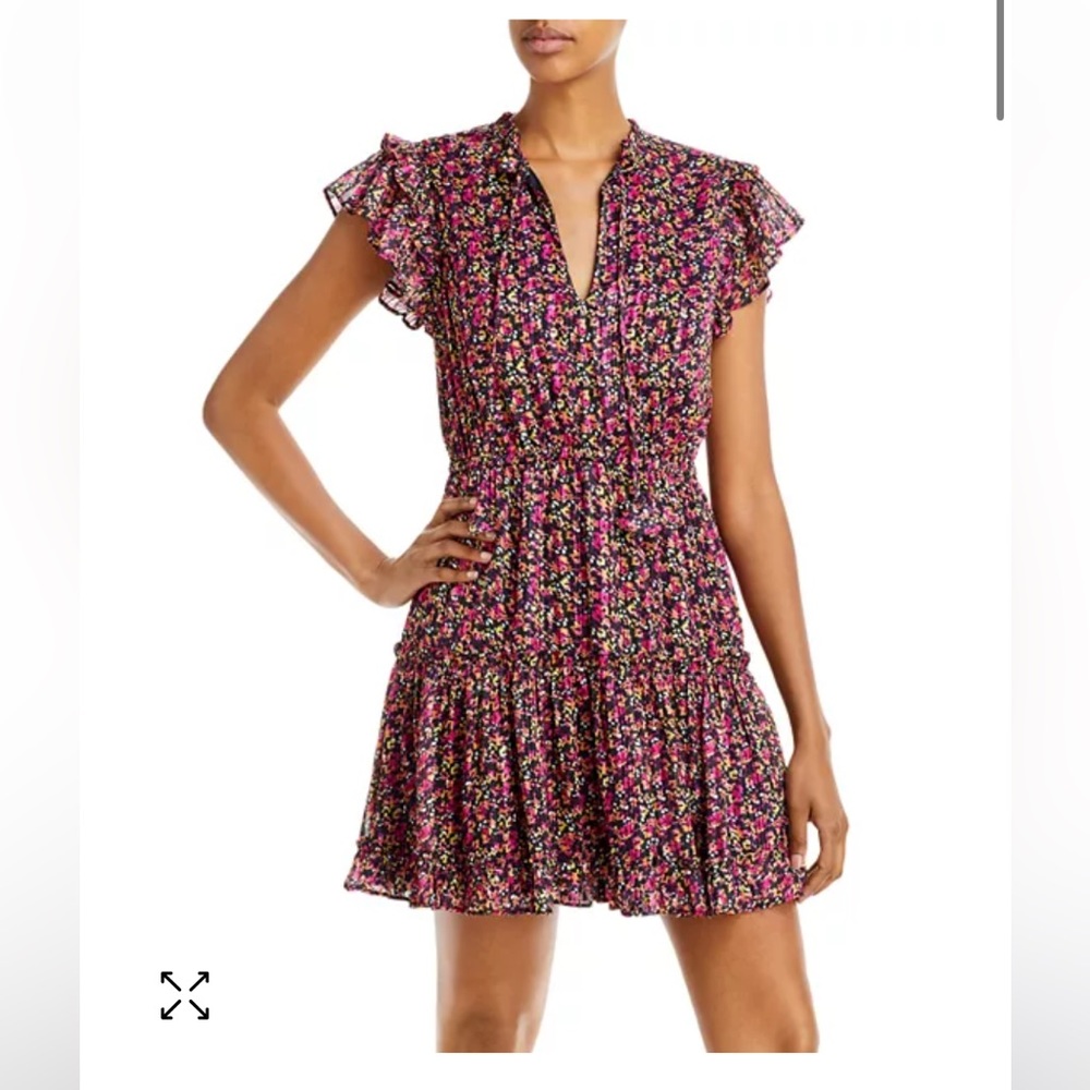 Aqua Metallic Ditsy Floral print tassel tie mini dress